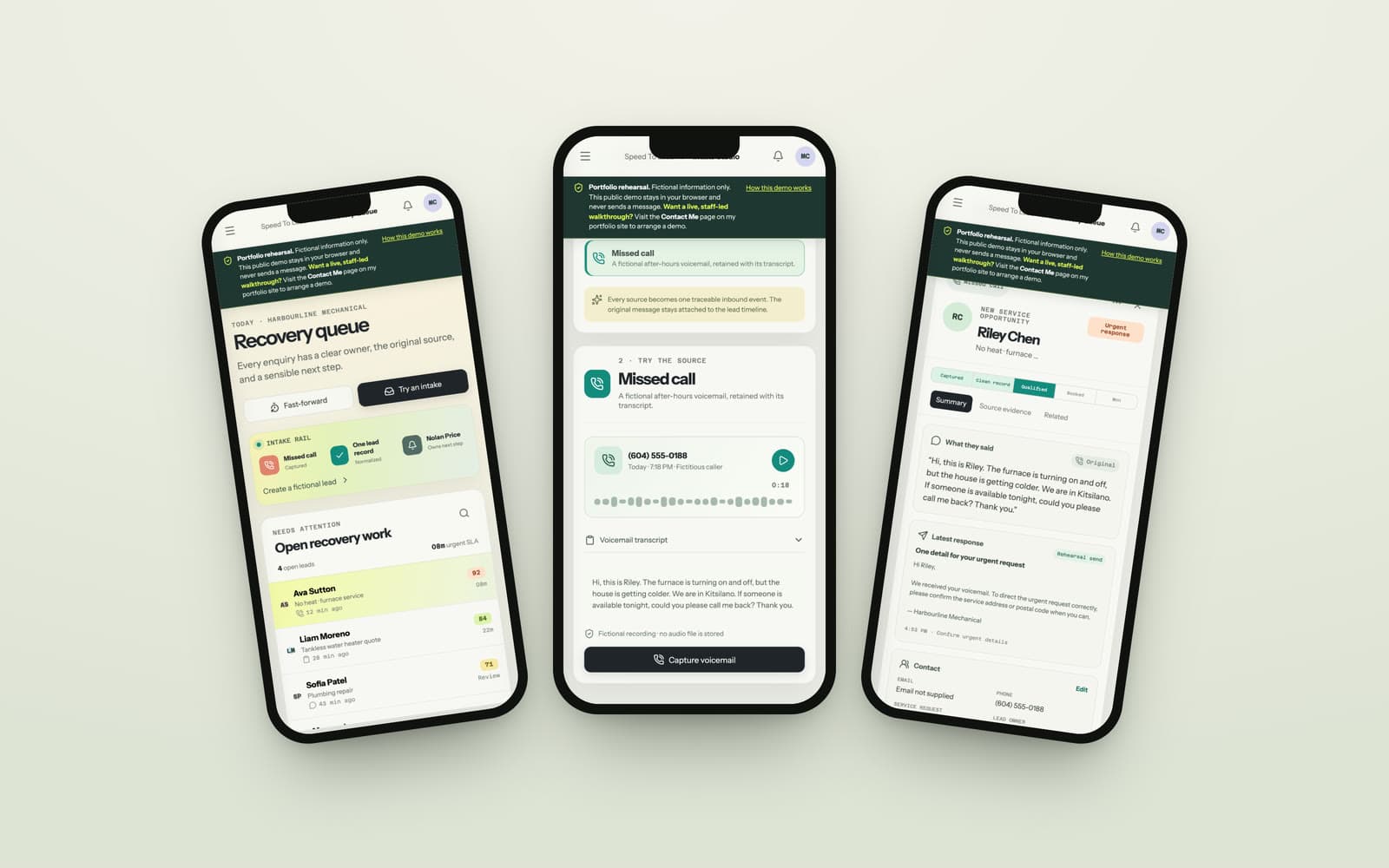 Speed To Lead on three phones — the recovery queue, a captured voicemail with its transcript, and a lead record, proof the whole system works in a truck or a waiting room