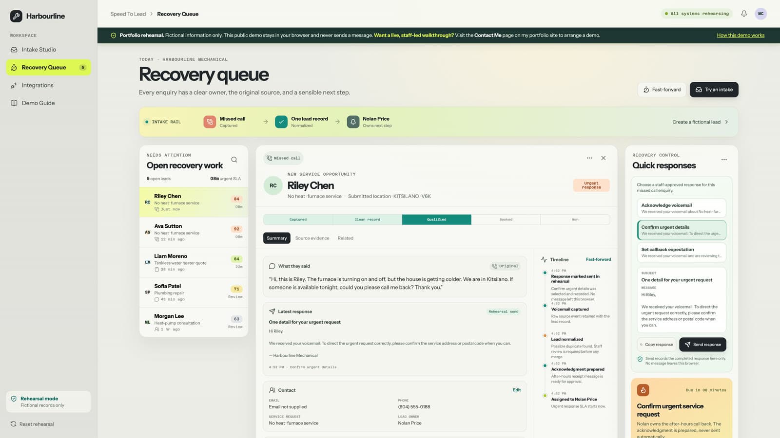 Speed To Lead recovery queue — an after-hours voicemail rebuilt as one scored, owned, urgent lead with the original transcript, a timeline of what happened, and a staff-approved reply recorded against it