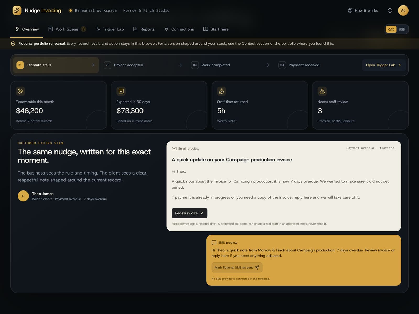 Nudge Invoicing customer view — the follow-up email and SMS drafted for the selected record, written to that client's work, amount, and timing, shown before anything is sent